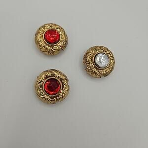 Button Covers Set of 5 Red Green Clear Rhinestones on Gold Tone Base 1"